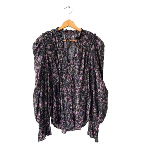Free People Meant To Be Blouse Top Size M Floral Cottagecore Boho Grunge Goth - Picture 2 of 4